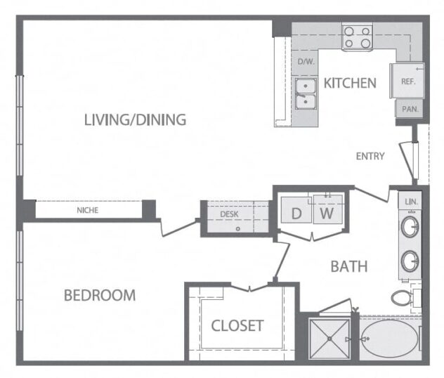 Rendering of the A5 1Bed 1Bath floor plan with 1 bedroom[s] and 1 bathroom[s] at Windsor at West University