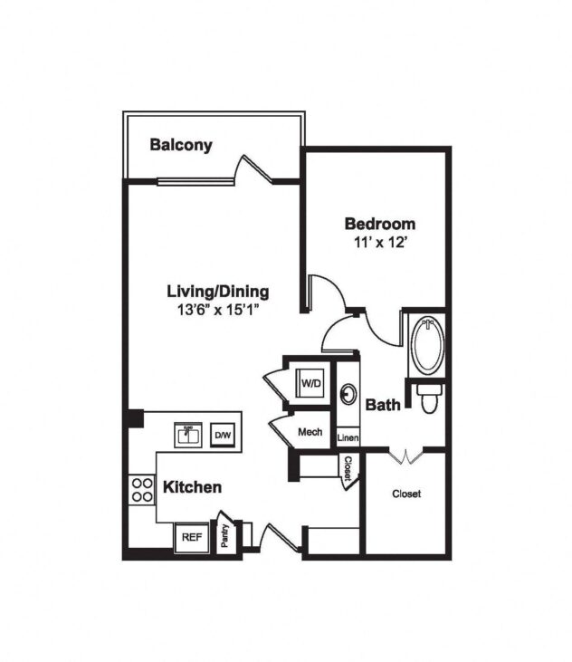 Rendering of the A5 floor plan with 1 bedroom[s] and 1 bathroom[s] at Windsor Fitzhugh