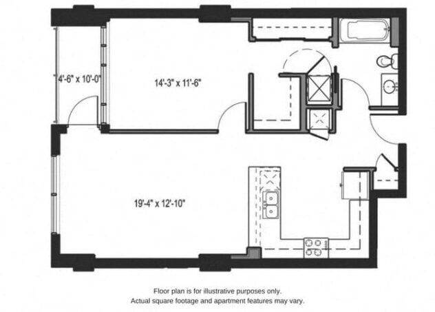 Rendering of the A5 floor plan with 1 bedroom[s] and 1 bathroom[s] at The Martin