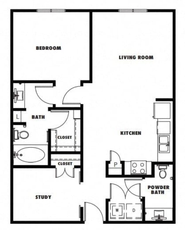 Rendering of the A5 floor plan with 1 bedroom[s] and 1.5 bathroom[s] at Windsor Metro West