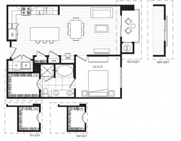 Rendering of the A5 floor plan with 1 bedroom[s] and 1 bathroom[s] at Windsor Oak Hill