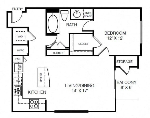 Rendering of the A5 floor plan with 1 bedroom[s] and 1 bathroom[s] at Windsor on the Lake