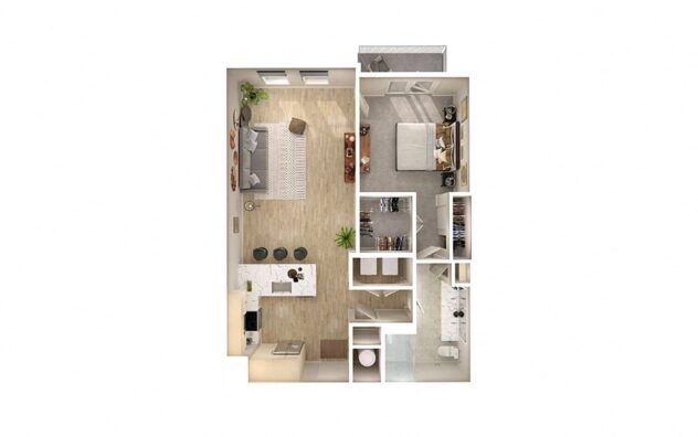 Rendering of the A5 floor plan with 1 bedroom[s] and 1 bathroom[s] at Windsor South Congress