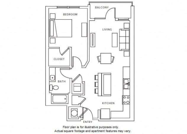 Rendering of the A5 floor plan with 1 bedroom[s] and 1 bathroom[s] at Windsor Parkview