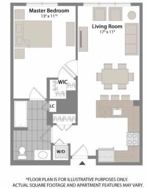 Rendering of the A5 floor plan with 1 bedroom[s] and 1 bathroom[s] at Warren at York by Windsor