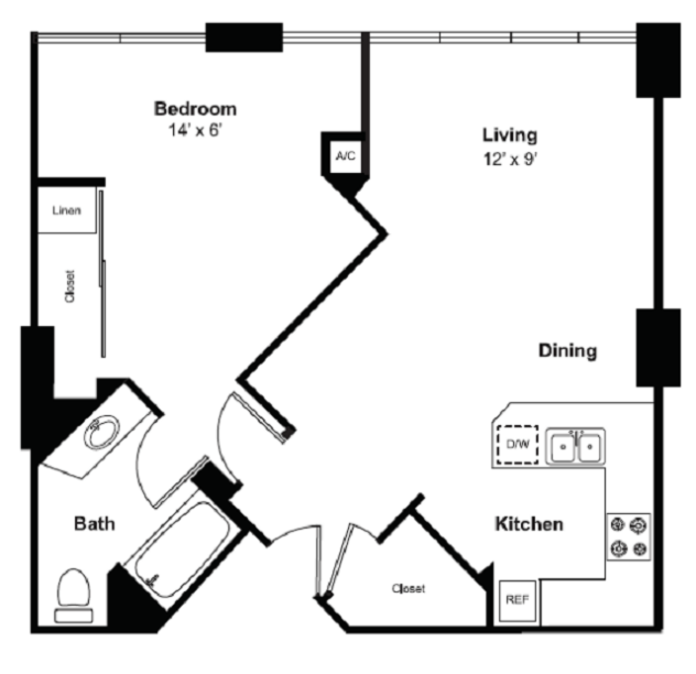 Rendering of the A5 floor plan with 1 bedroom[s] and 1 bathroom[s] at Renaissance Tower