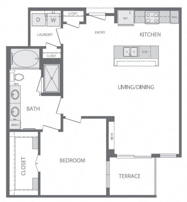 Rendering of the A6 1Bed 1Bath floor plan with 1 bedroom[s] and 1 bathroom[s] at Windsor at West University