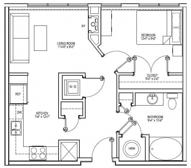 Rendering of the A6 floor plan with 1 bedroom[s] and 1 bathroom[s] at Vox on Two