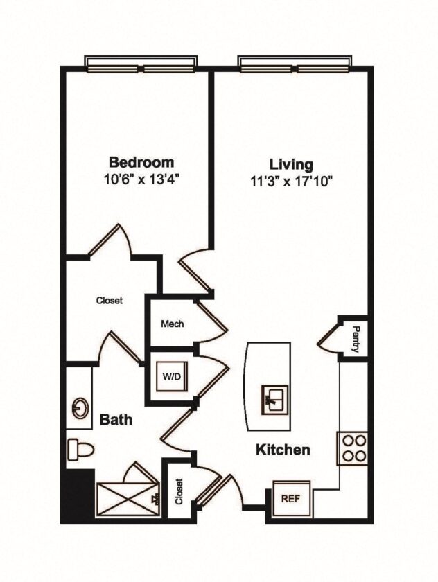 Rendering of the A6 floor plan with 1 bedroom[s] and 1 bathroom[s] at 565 Hank by Windsor