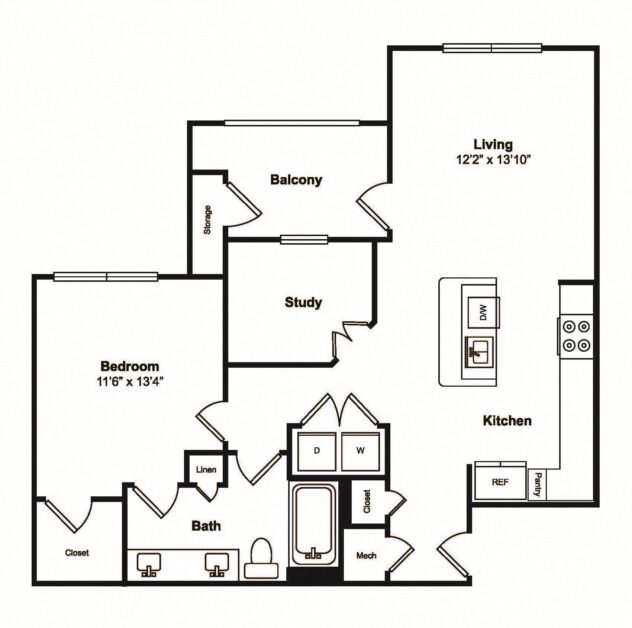 Rendering of the A6 floor plan with 1 bedroom[s] and 1 bathroom[s] at Windsor Castle Hills