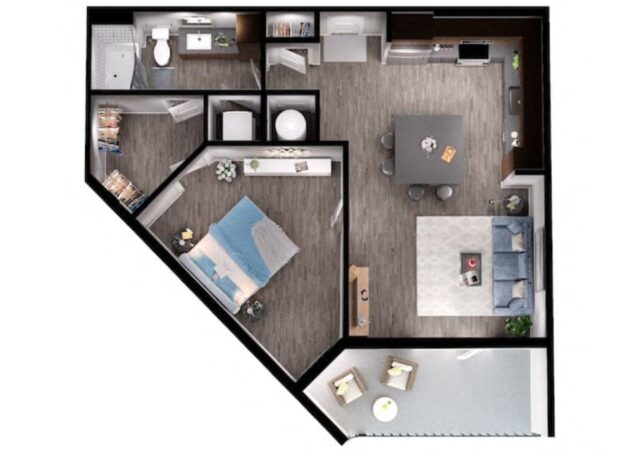 Rendering of the A6 floor plan with 1 bedroom[s] and 1 bathroom[s] at Windsor Interlock