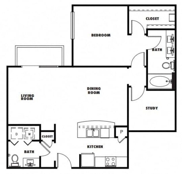 Rendering of the A6 floor plan with 1 bedroom[s] and 1.5 bathroom[s] at Windsor Metro West