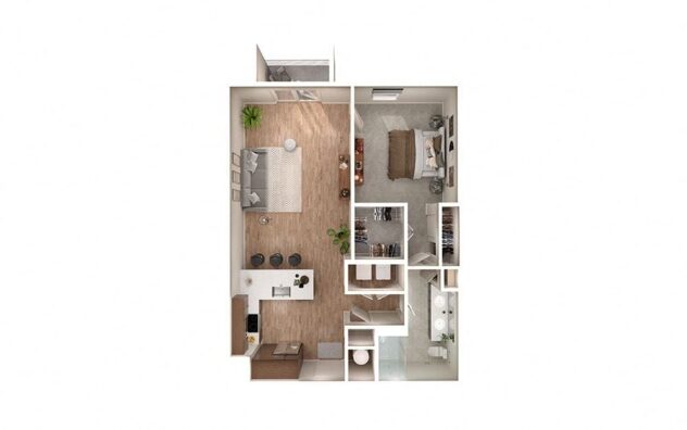 Rendering of the A6 floor plan with 1 bedroom[s] and 1 bathroom[s] at Windsor South Congress