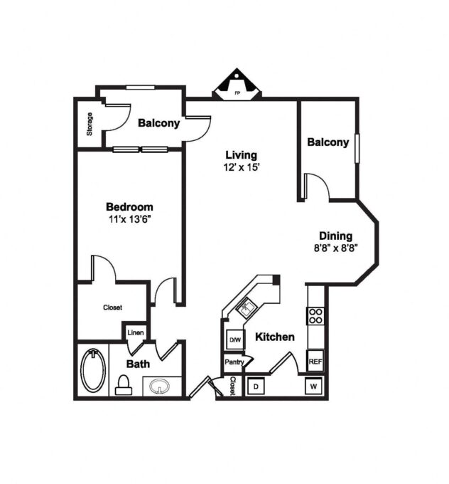 Rendering of the A6 floor plan with 1 bedroom[s] and 1 bathroom[s] at Windsor Westbridge