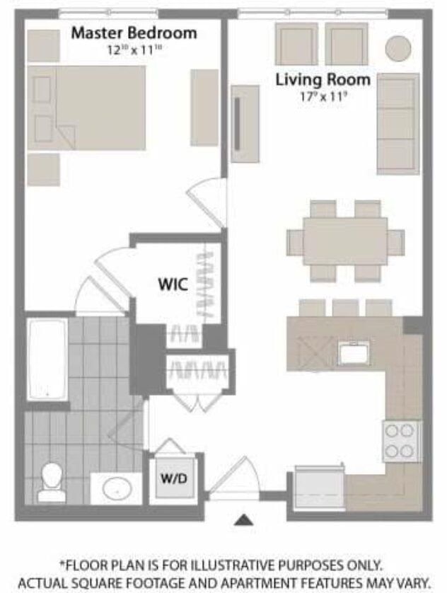 Rendering of the A6 floor plan with 1 bedroom[s] and 1 bathroom[s] at Warren at York by Windsor