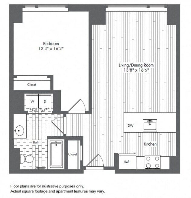 Rendering of the A6 floor plan with 1 bedroom[s] and 1 bathroom[s] at Waterside Place by Windsor