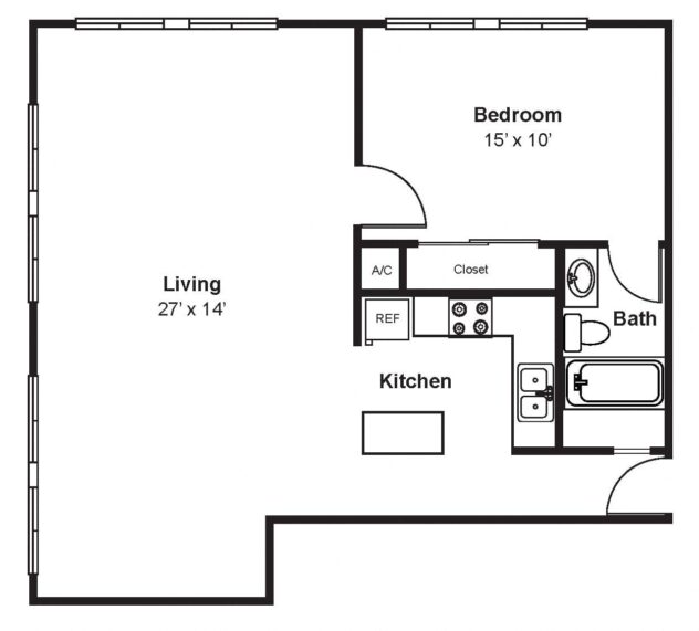 Rendering of the A6 floor plan with 1 bedroom[s] and 1 bathroom[s] at Renaissance Tower