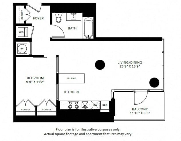 Rendering of the A6 floor plan with 1 bedroom[s] and 1 bathroom[s] at Windsor Bethesda