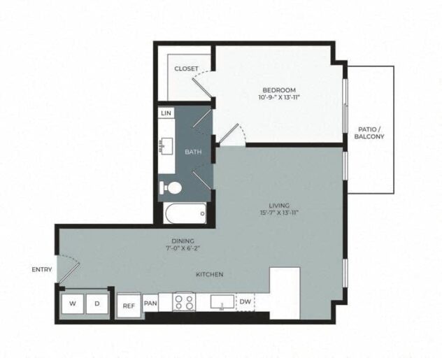 Rendering of the A6 floor plan with 1 bedroom[s] and 1 bathroom[s] at Windsor West Plano