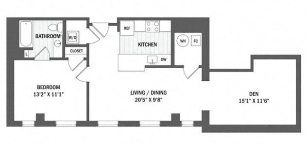 Rendering of the A6 - Mill floor plan with 1 bedroom[s] and 1 bathroom[s] at Windsor Radio Factory