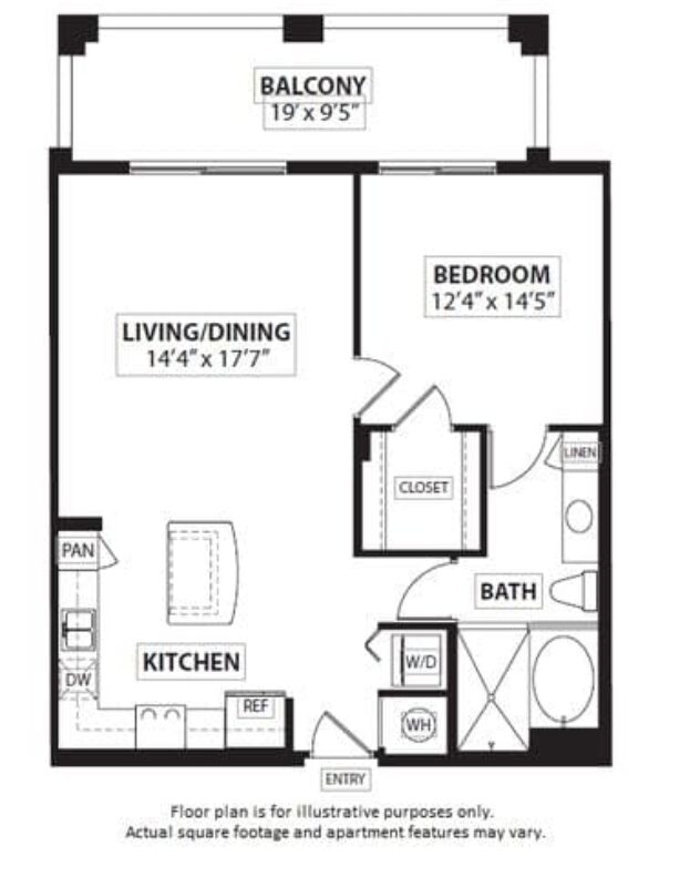 Rendering of the A7 1 Bed 1 Bath floor plan with 1 bedroom[s] and 1 bathroom[s] at Windsor at Doral