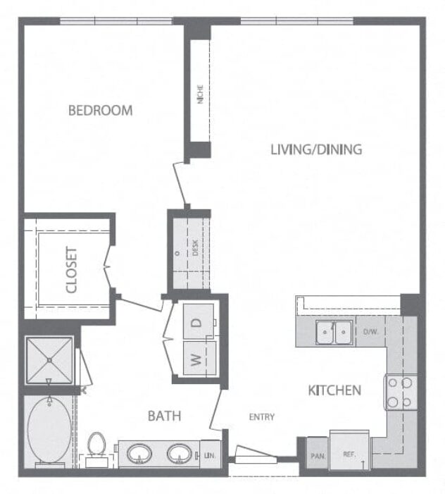 Rendering of the A7 1Bed 1Bath floor plan with 1 bedroom[s] and 1 bathroom[s] at Windsor at West University