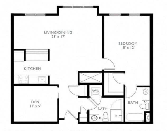 Rendering of the A7 floor plan with 1 bedroom[s] and 2 bathroom[s] at Windsor at Oak Grove