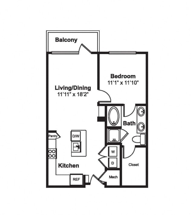 Rendering of the A7 floor plan with 1 bedroom[s] and 1 bathroom[s] at Windsor Fitzhugh