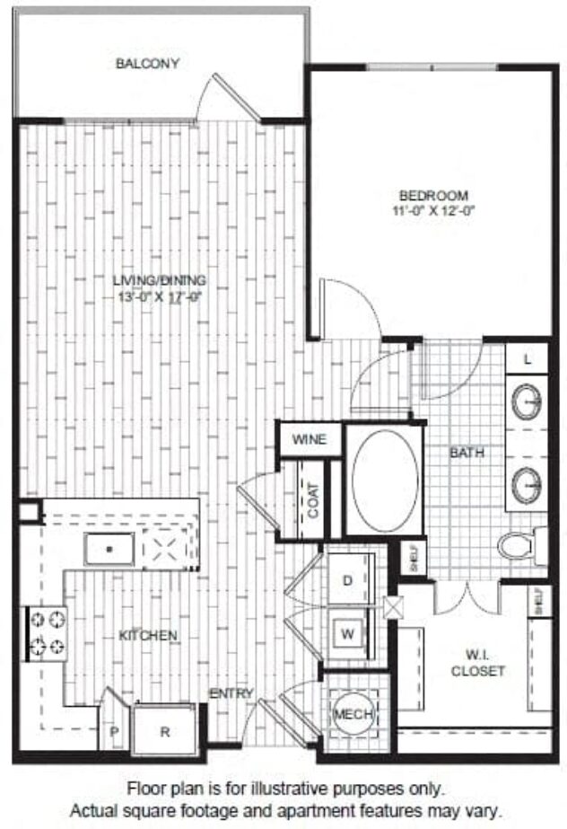 Rendering of the A7 floor plan with 1 bedroom[s] and 1 bathroom[s] at Windsor CityLine