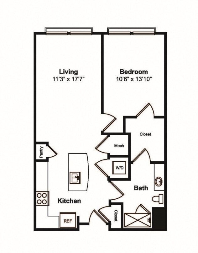 Rendering of the A7 floor plan with 1 bedroom[s] and 1 bathroom[s] at 565 Hank by Windsor