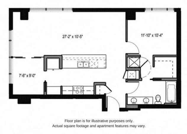 Rendering of the A7 floor plan with 1 bedroom[s] and 1 bathroom[s] at The Martin