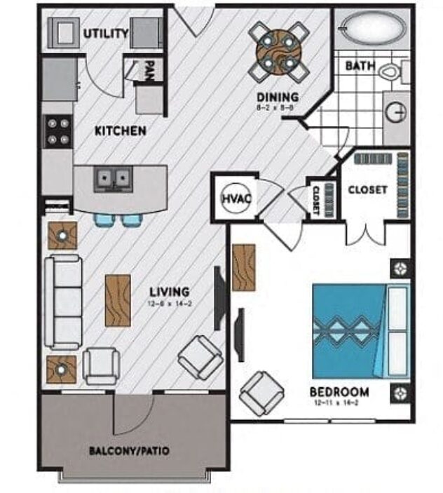 Rendering of the A7 floor plan with 1 bedroom[s] and 1 bathroom[s] at Windsor Chastain