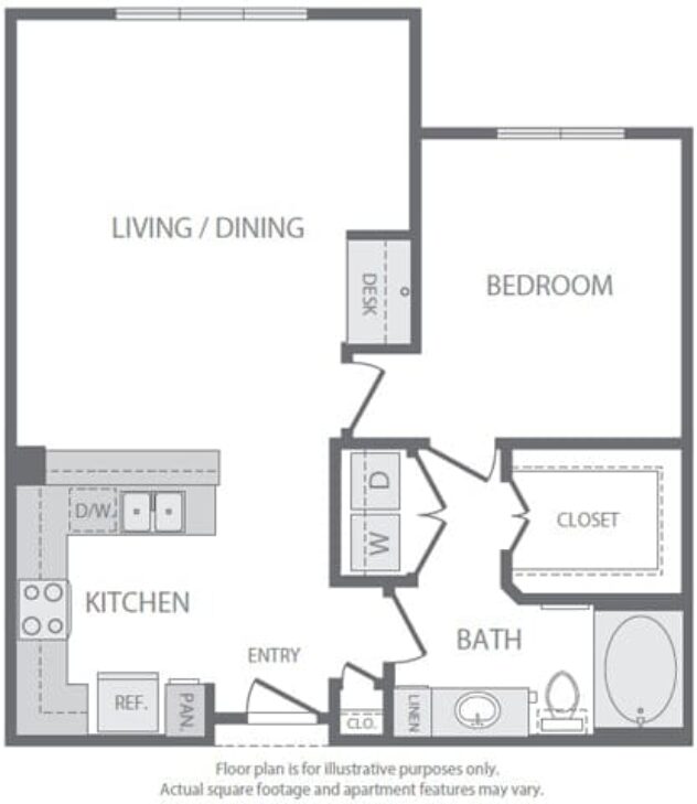 Rendering of the A7 floor plan with 1 bedroom[s] and 1 bathroom[s] at Windsor South Lamar