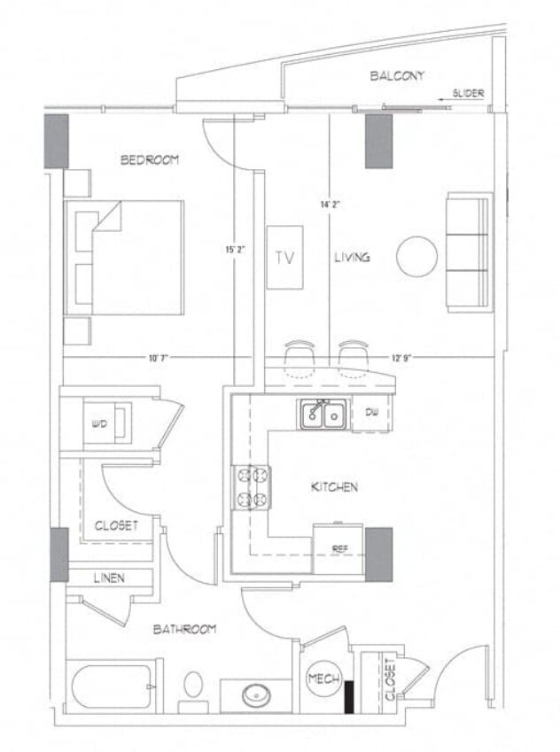 Rendering of the A7 floor plan with 1 bedroom[s] and 1 bathroom[s] at Glass House by Windsor