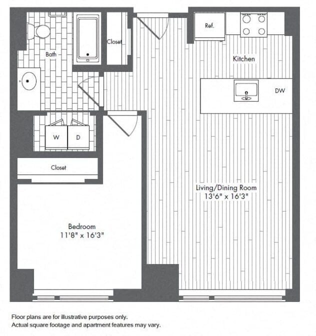 Rendering of the A7 floor plan with 1 bedroom[s] and 1 bathroom[s] at Waterside Place by Windsor