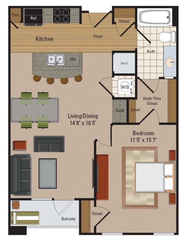 Rendering of the A7 floor plan with 1 bedroom[s] and 1 bathroom[s] at Windsor Leesburg