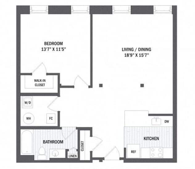 Rendering of the A7 - Mill floor plan with 1 bedroom[s] and 1 bathroom[s] at Windsor Radio Factory