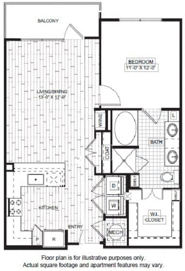 Rendering of the A71 floor plan with 1 bedroom[s] and 1 bathroom[s] at Windsor CityLine