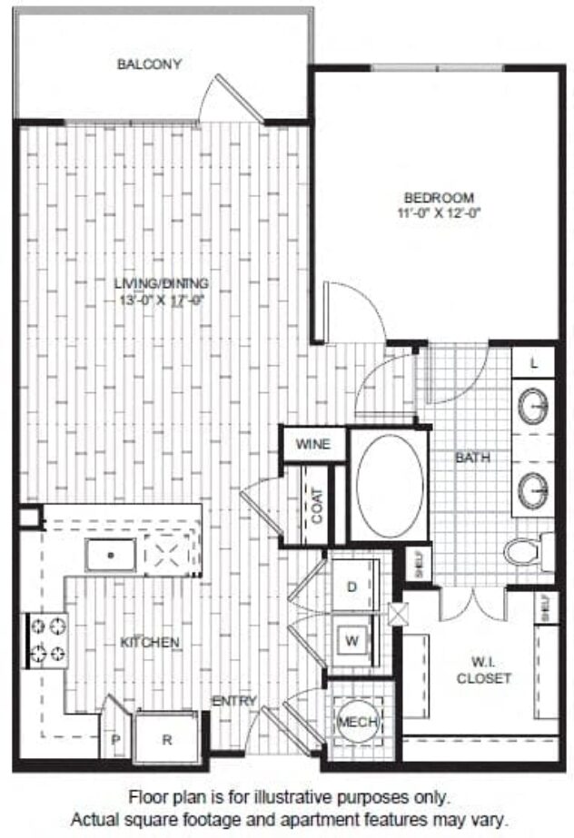 Rendering of the A7A floor plan with 1 bedroom[s] and 1 bathroom[s] at Windsor CityLine