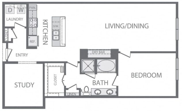 Rendering of the A8 1Bed 1Study floor plan with 1 bedroom[s] and 1 bathroom[s] at Windsor at West University