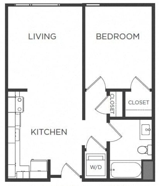 Rendering of the A8 floor plan with 1 bedroom[s] and 1 bathroom[s] at Mission Bay by Windsor