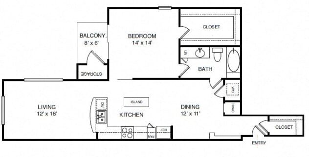 Rendering of the A8 floor plan with 1 bedroom[s] and 1 bathroom[s] at Windsor on the Lake