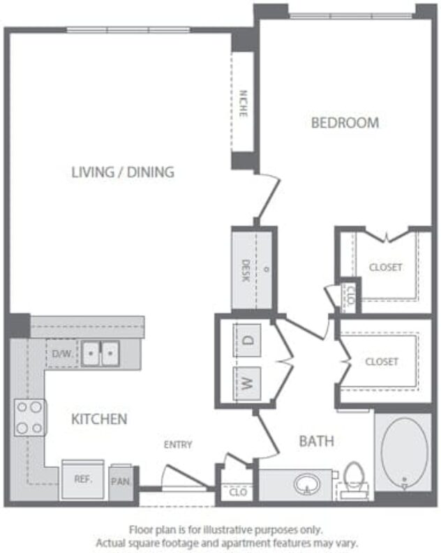 Rendering of the A8 floor plan with 1 bedroom[s] and 1 bathroom[s] at Windsor South Lamar