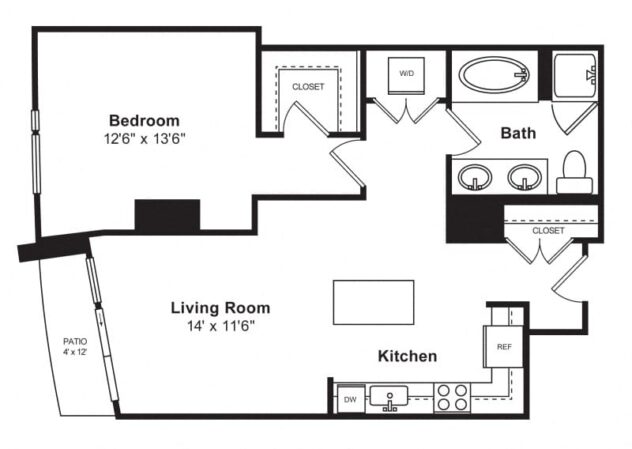 Rendering of the A8 floor plan with 1 bedroom[s] and 1 bathroom[s] at Cirrus