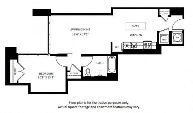 Rendering of the A8 floor plan with 1 bedroom[s] and 1 bathroom[s] at Windsor Bethesda