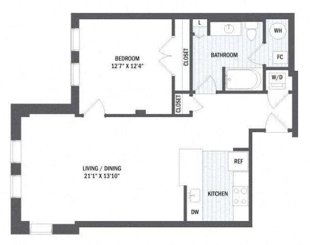 Rendering of the A8 - Classic floor plan with 1 bedroom[s] and 1 bathroom[s] at Windsor Radio Factory