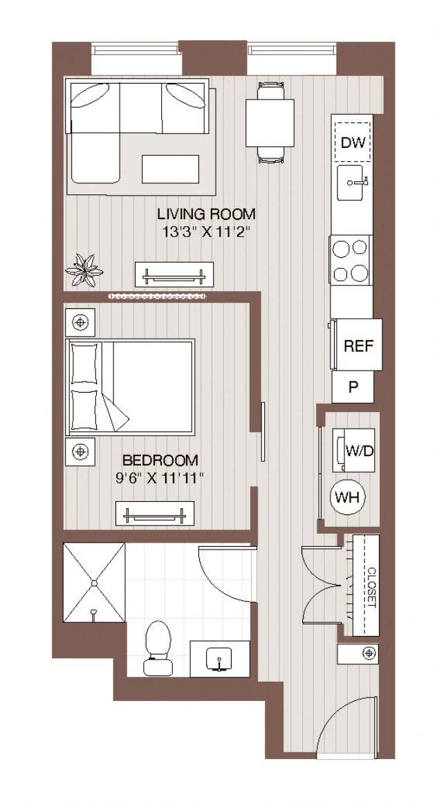 Rendering of the A8 - Lofts floor plan with 1 bedroom[s] and 1 bathroom[s] at Windsor Radio Factory