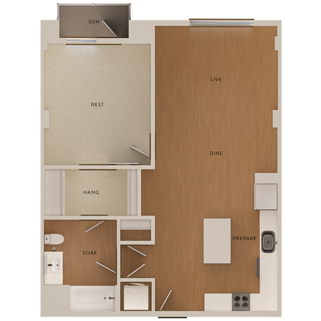 Rendering of the A8a floor plan with 1 bedroom[s] and 1 bathroom[s] at The Marston by Windsor