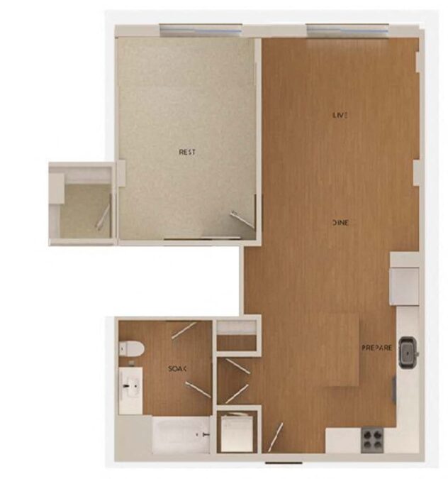 Rendering of the A8b floor plan with 1 bedroom[s] and 1 bathroom[s] at The Marston by Windsor