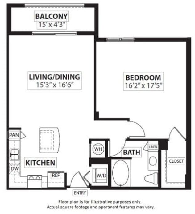 Rendering of the A9 1 Bed 1 Bath floor plan with 1 bedroom[s] and 1 bathroom[s] at Windsor at Doral